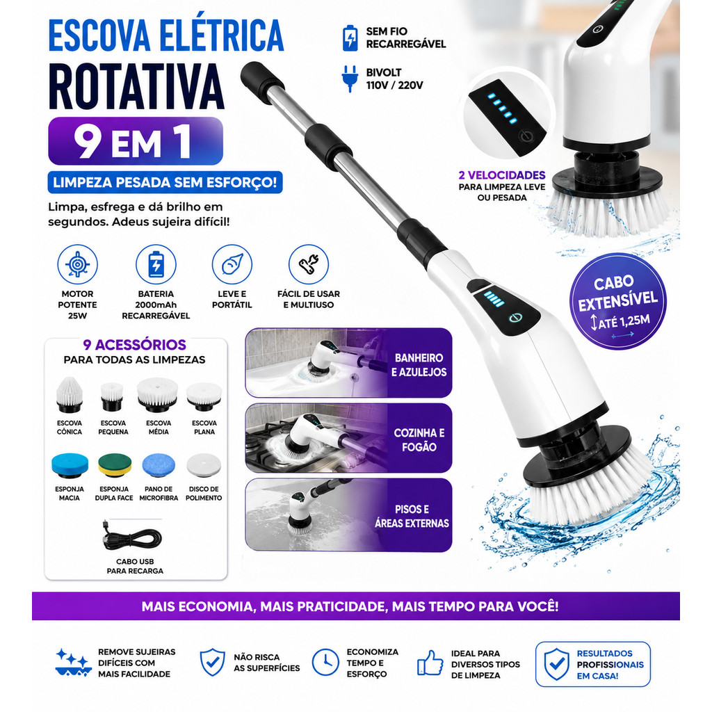 Escova Elétrica Rotativa 9 em 1 com Cabo Extensível Recarregável Bivolt Multiuso para Banheiro Cozinha Piso e Azulejo