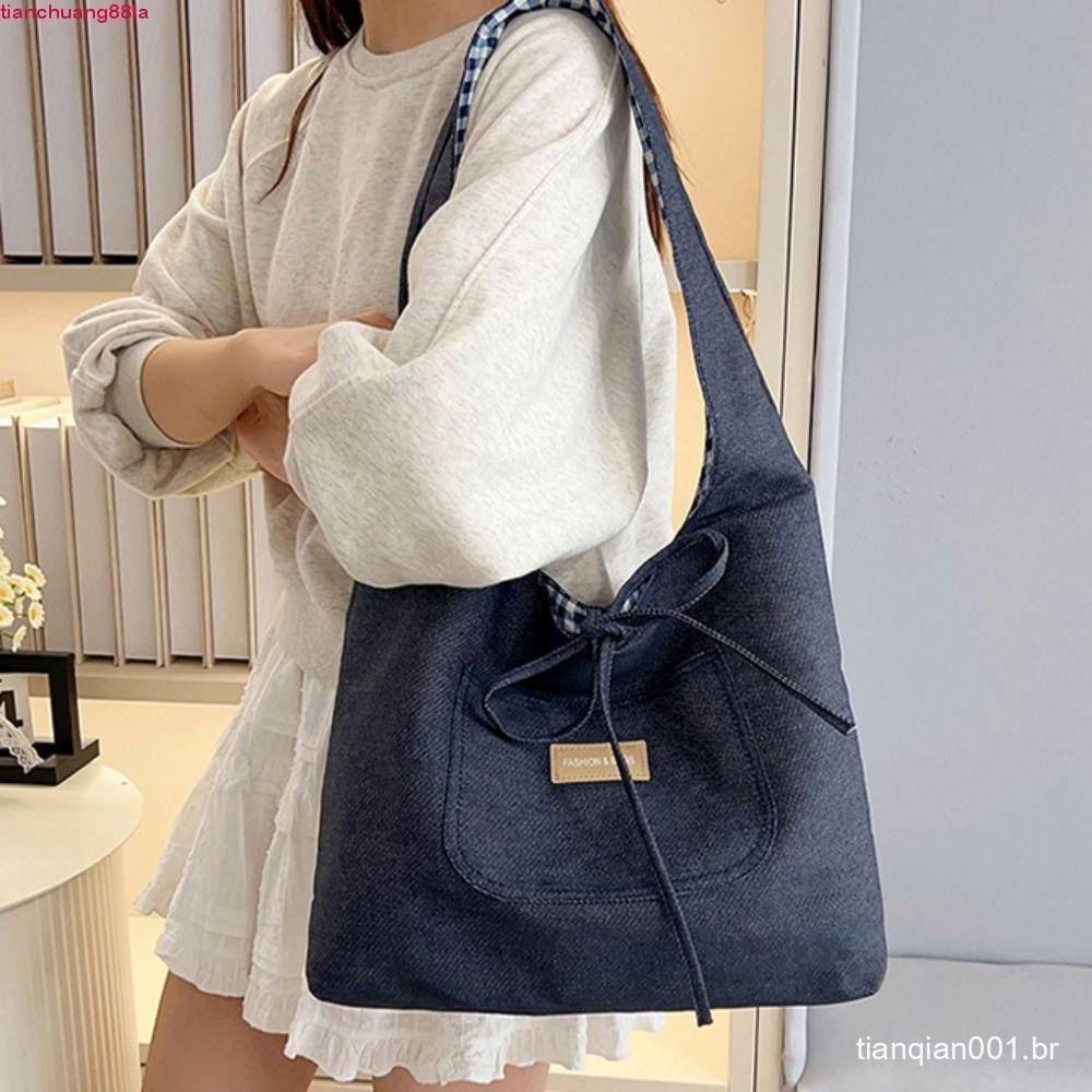 Bolsa De Ombro Jeans TIANCHUANG , Colete Xadrez Dupla Face Para Lazer De Pano , Sacola De Lona Estilo Japonês