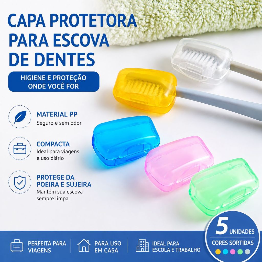 Capa Protetor para Escova de Dentes Kit com 5 Coloridas Plástico Portátil Higiene Viagem Trabalho