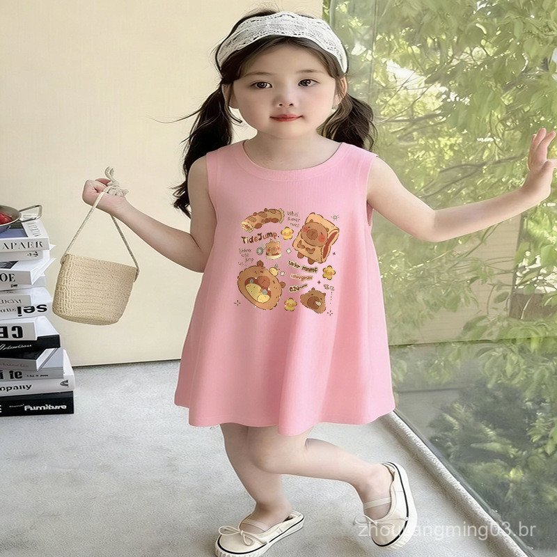Vestido regata sem mangas para meninas, vestido de alcinha versátil e estiloso com estampa de capivara para o verão, fof