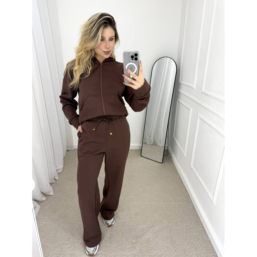 Moletom  P ao Plus  Flanelado Conjunto Feminino Inverno Quentinho,Confortável  Estiloso Com Capuz Calça Pantalona