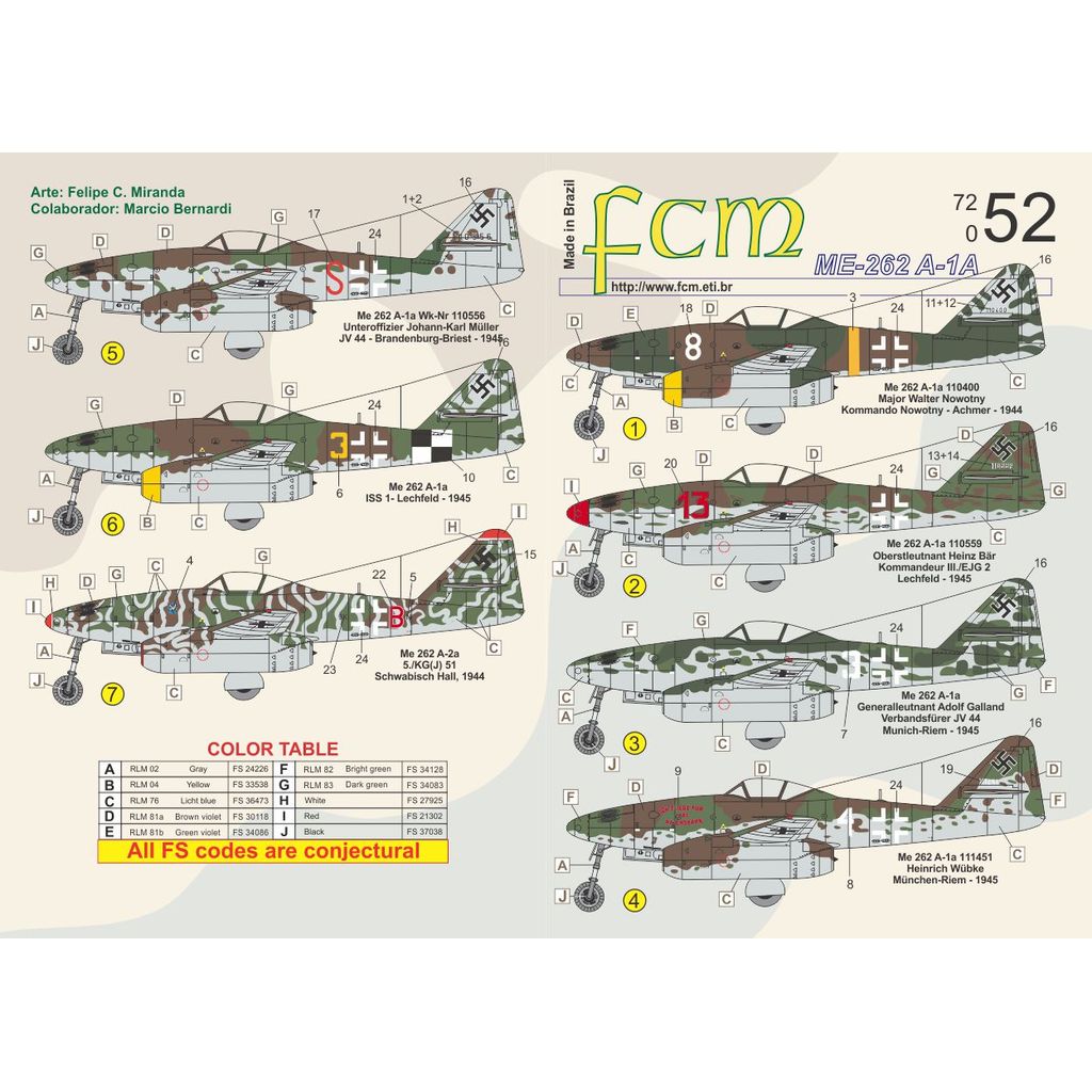 Decalque ME-262 A-1A Fcm 72052 Decal Plastimodelismo