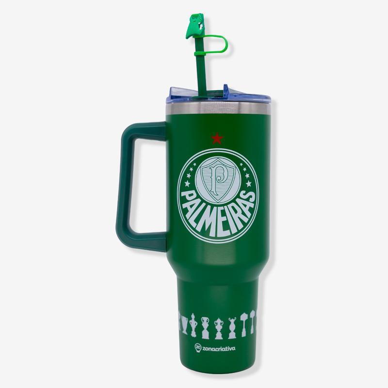 Copo Térmico Palmeiras 1,15 Litro Com Pingente Tampa Rosqueável Canudo E Alça Oficial