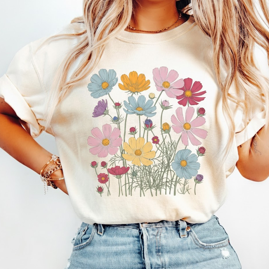 Camiseta Feminina 100%Algodão Estampa Flores no Jardim Roupa Delicada Camisa Minimalista Confortável