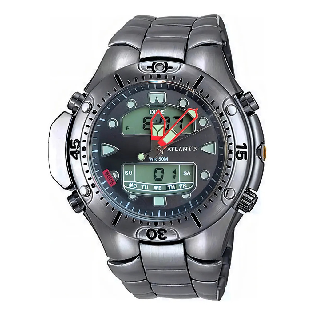 Relógio Masculino Atlantis Catraca Giratoria Em Aço Inox Analogico E Digital Fundo Preto Luz De Led Casual E Social
