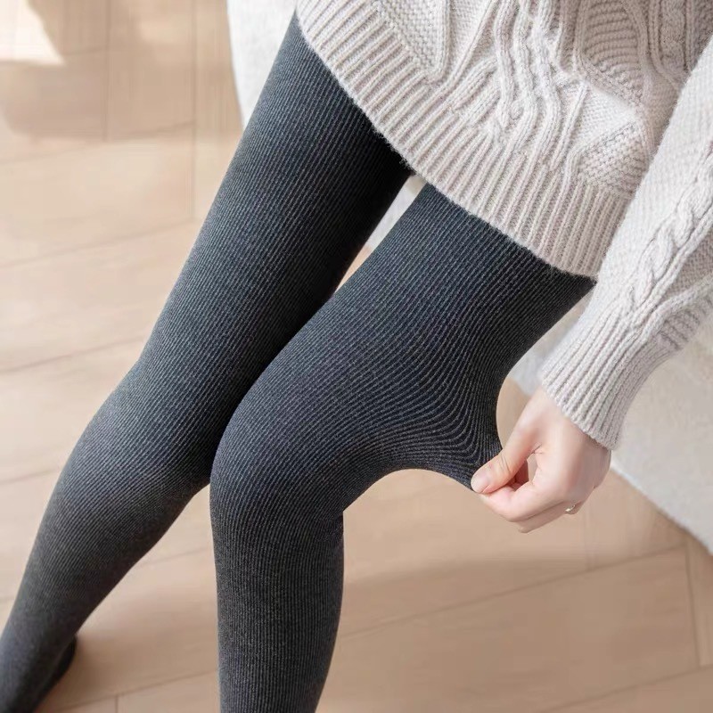 Meia-Calça  Térmica Plus Size  Forrada Pelúcia  de Lã Feminina Super Elástica Slim Canelado