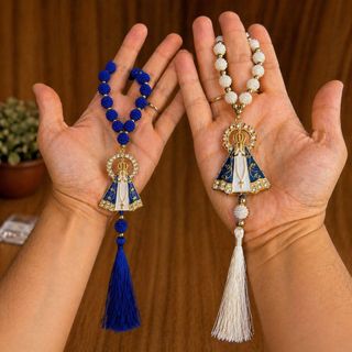 Kit Terço Retrovisor Imagem Nossa Senhora Aparecida para Carro e Decoração Católica Dezena Presente