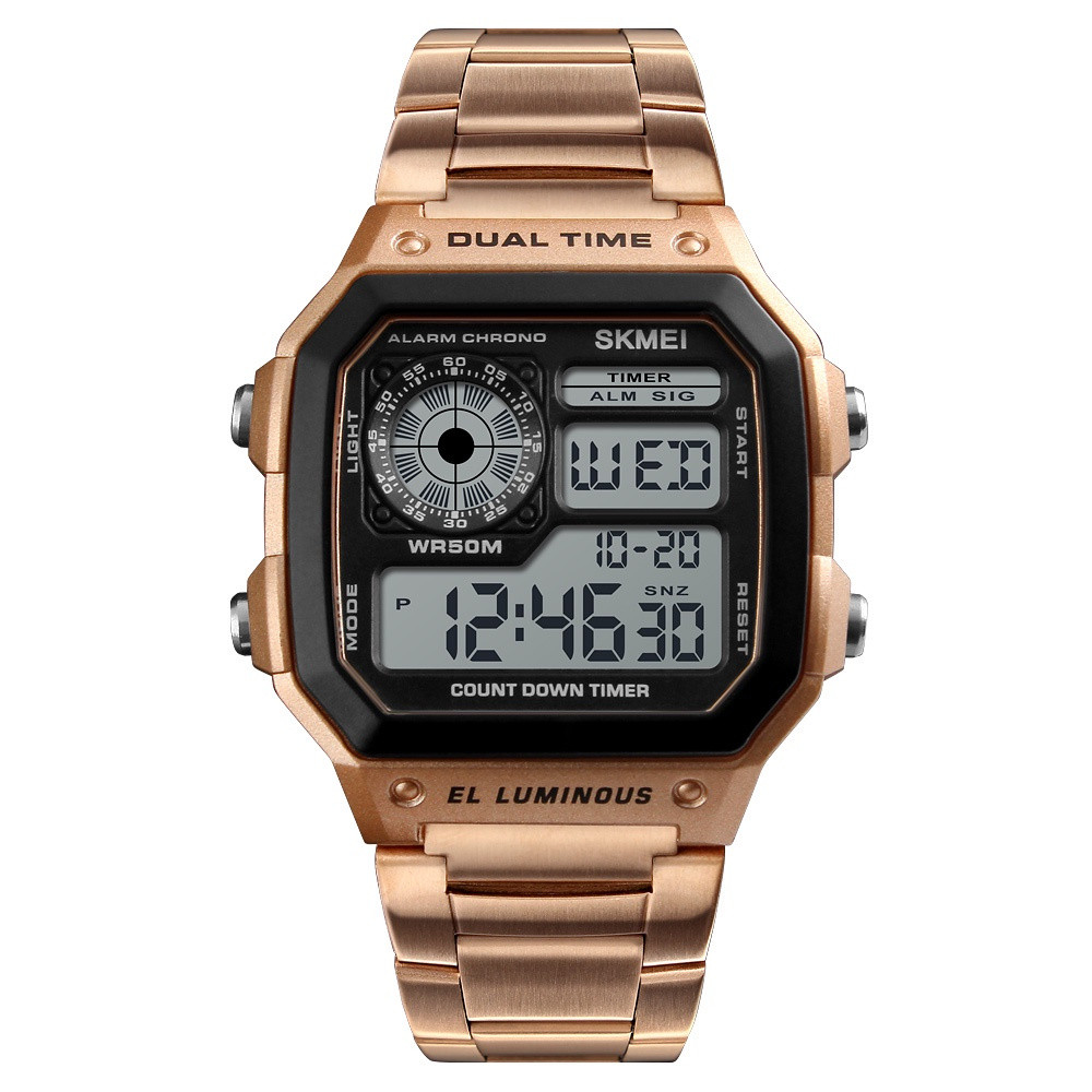 Relógio Esportivo de Luxo SKMEI, Relógio Digital à Prova d'Água 5 Bar para Homens, Pulseira de Aço Inoxidável, Modelo JY
