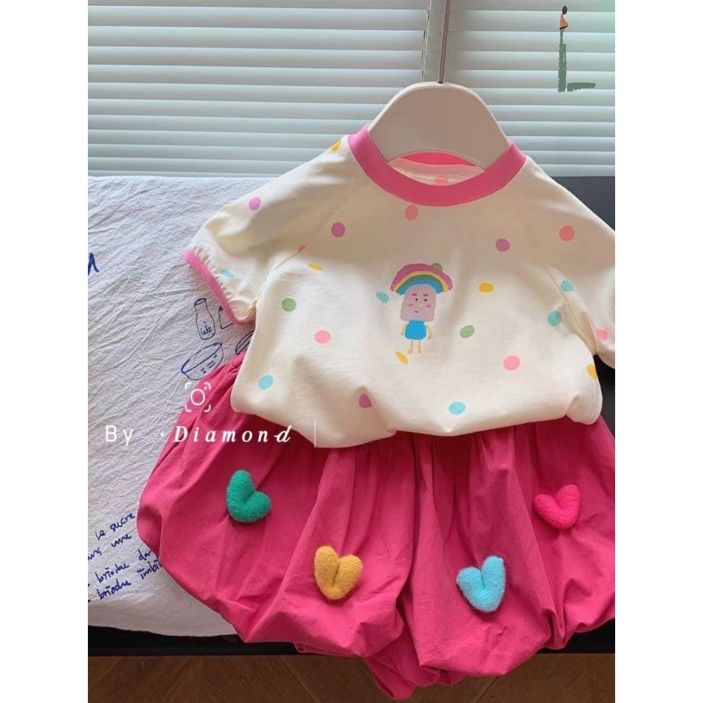 Menina verão terno 2025 novo estilo bebê menina moda bolinhas manga curta menina moda versão coreana terno de duas peças