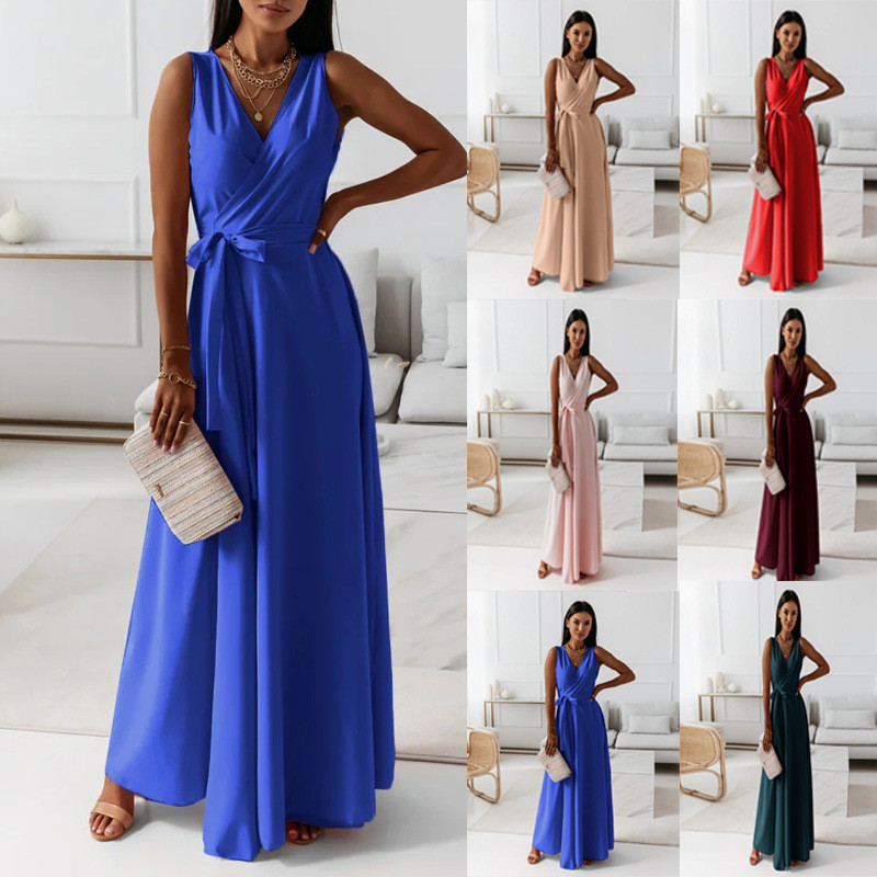 2026 independente em pé Cross-Border primavera verão novo estilo feminino cor sólida com decote em V vestido de saia lon