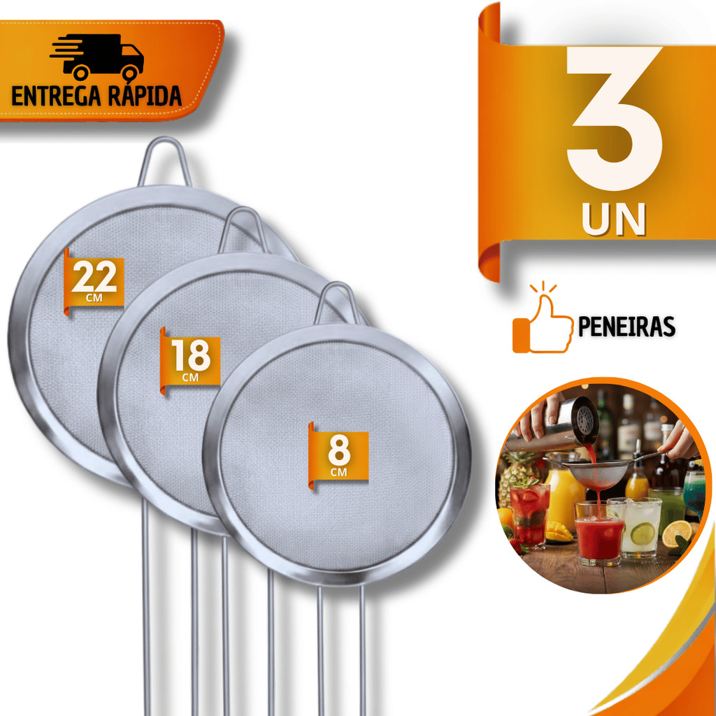 Jogo Peneira Aço Inox 22/18/8cm Coador Farinhas Suco Molhos Confeitaria Cozinha Multiuso Utilidades