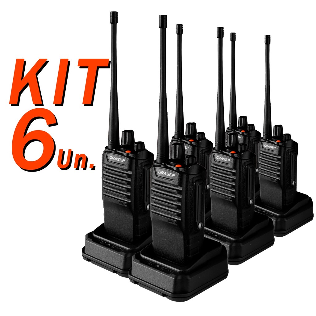 KIT 6 Rádio Comunicador Profissional Walkie Talkie UHF 16 Canais 8W Até 10Km Bateria 2800mAh Com Fone e Carregador