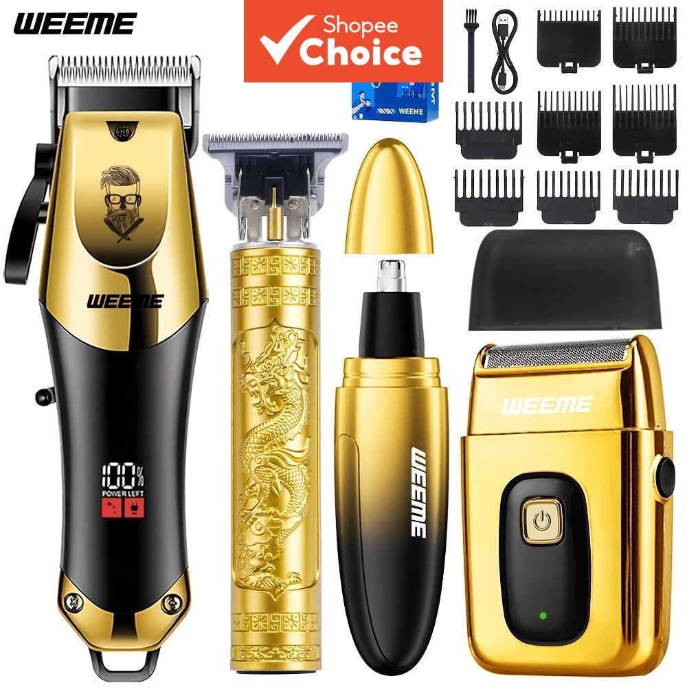 Kit de aparador e barbeador elétrico dourado para homens, carregamento USB, portátil, com indicador de bateria