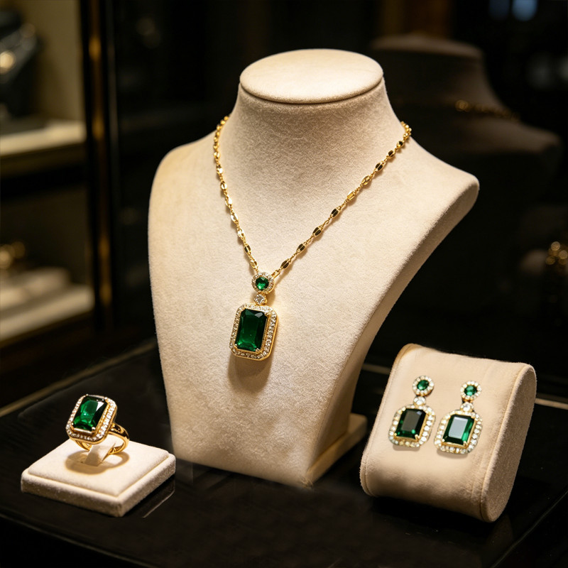 Conjunto Feminino 3 Peças Dourado Colar Brinco Anel Pedra Verde Bijuteria Fina