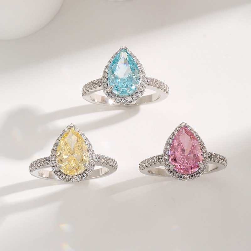 Flor de gelo em forma de gota corte rosa mar azul diamante amarelo incrustado diamante completo High-End senhoras anel f