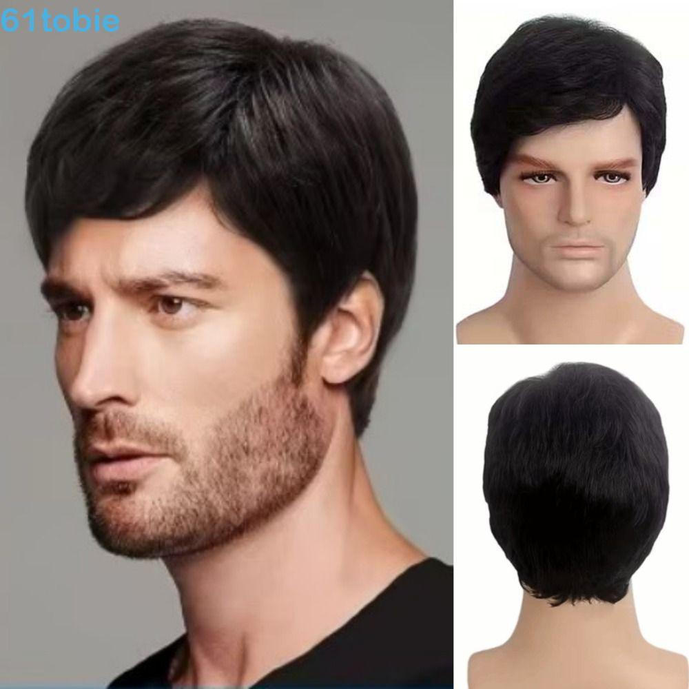 TOBIE Perucas Sintéticas Cosplay Para Homens , Retas Masculinas Com Franja Lateral Inclinada Natural , Cabelo Preto Curt