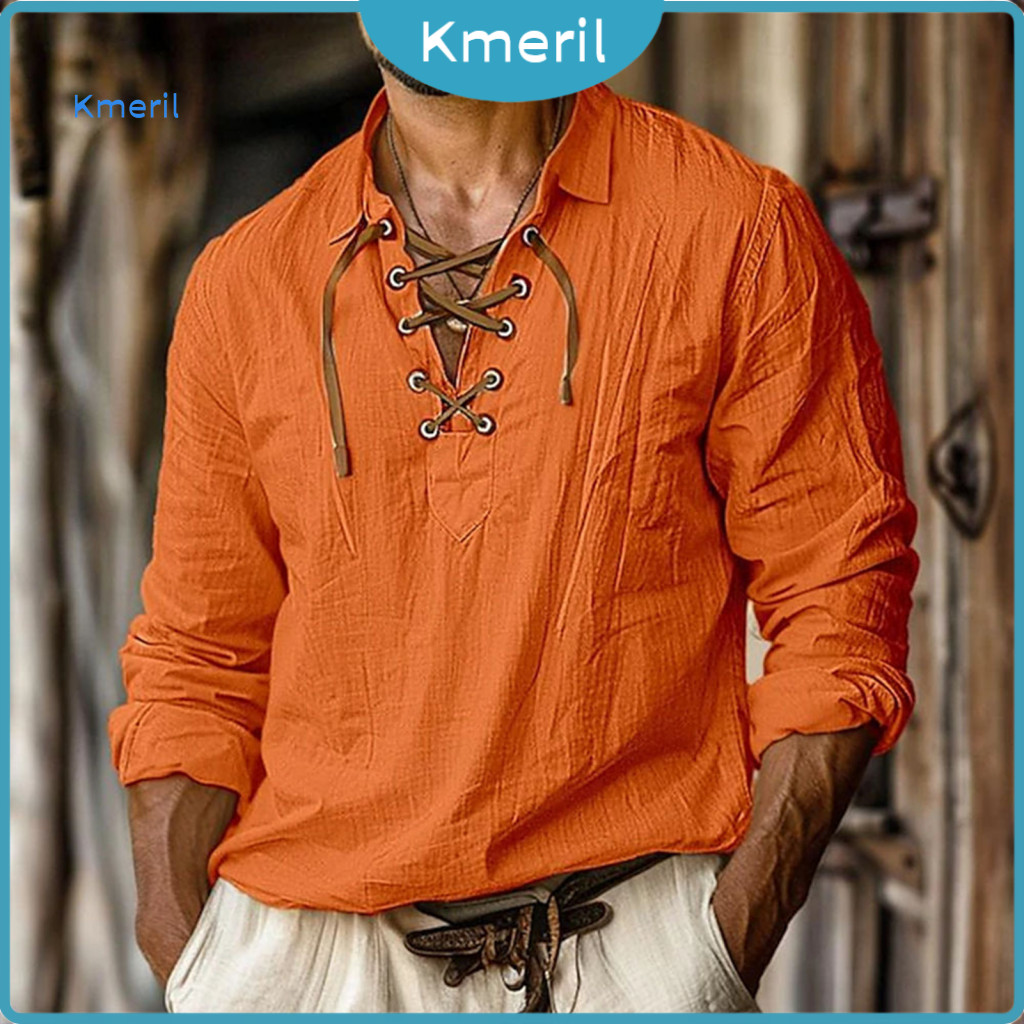 Loose Fit Men Shirt Retro Men's Vintage Casual V Neck Long Sleeve Lace-up Strap Pullover Pure Color Top for Fall Spring