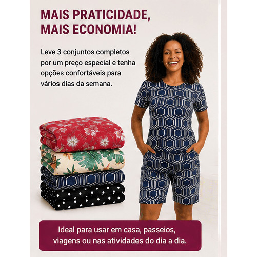 Kit com 1 a 4 Conjunto Senhora Plus Size Com manga Confortável Bermuda e Blusa Regata Liganete