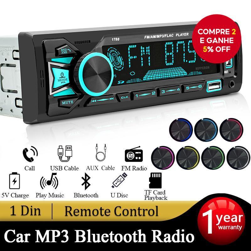 SINOVCLE Rádio de Carro 1DIN Estéreo Bluetooth Reprodutor de MP3 Receptor de FM com Controle Remoto AUX/USB/Cartão TF