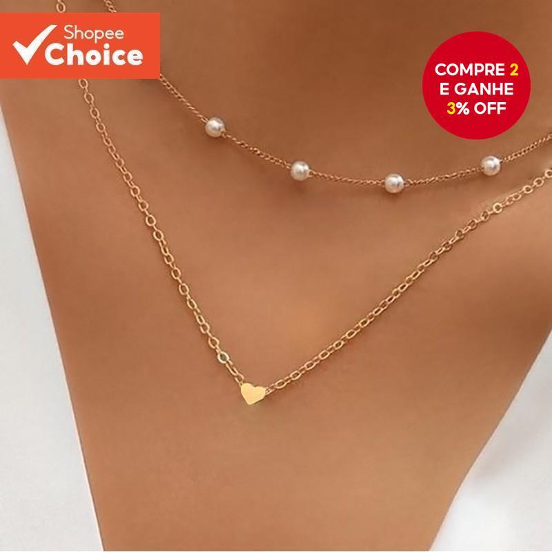Colar De Coração De Pérola De Camada Dupla , Gargantilha E Corrente Elegantes , Moderno De Duas Camadas Para Mulheres