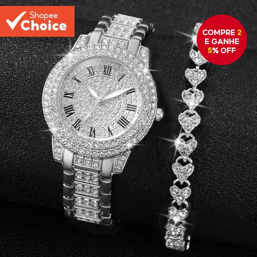 2 pçs/Set senhoras cheio de diamante forma romana relógio de quartzo Gypsophila pulseira de aço + conjunto pulseira diam