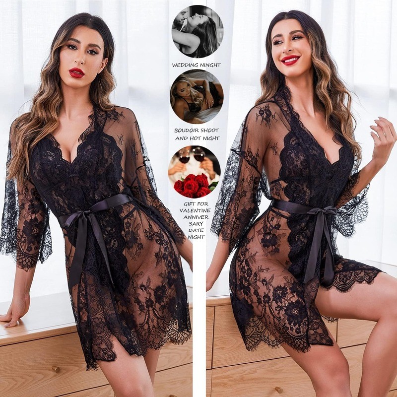 Conjunto de roupa íntima feminina de renda vermelha, macacão com gola halter + capa externa de renda transparente, taman