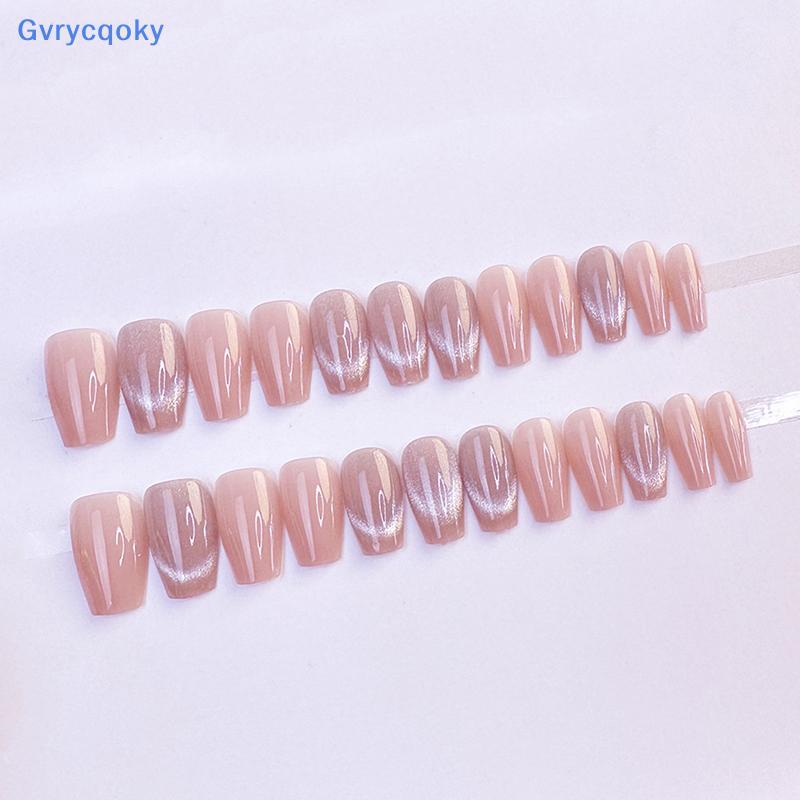 Gvrycqoky 24 Unidades De Olho De Gato Gradiente Blush Glitter Unhas Falsas Com Cola Prensadas Em Postiças Removíveis Ves