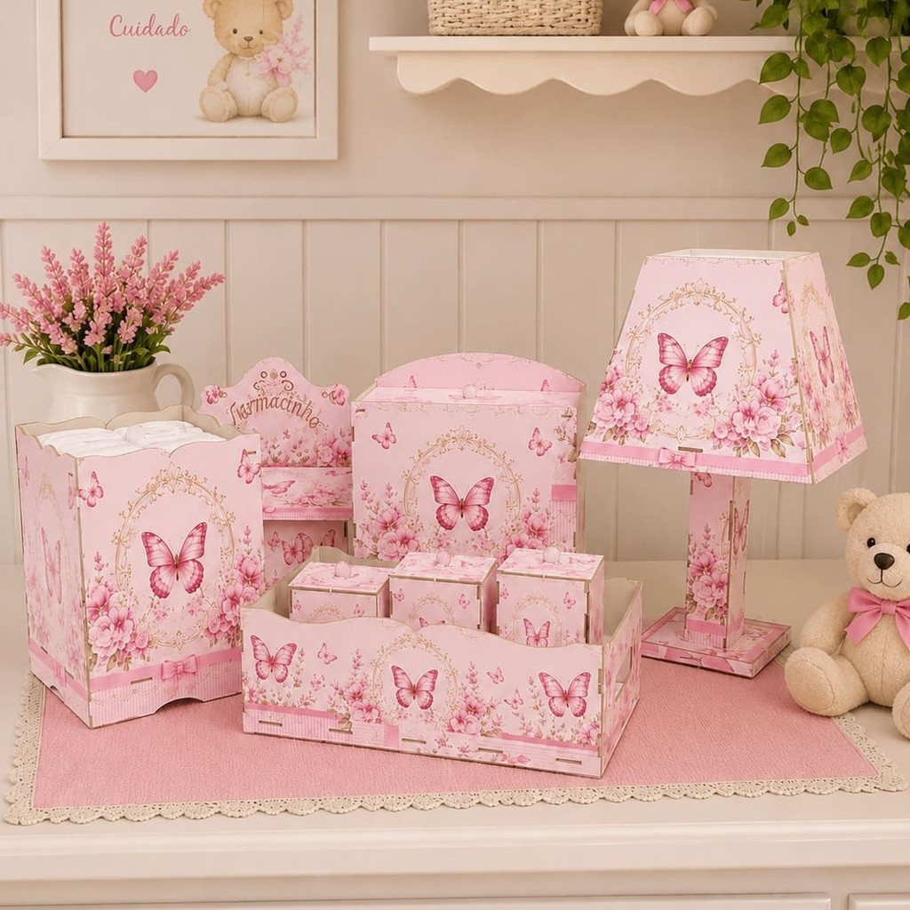 Kit Higiene Bebê 8 Peças Jardim Rosa MDF Decorado Completo Quarto Infantil Novidade