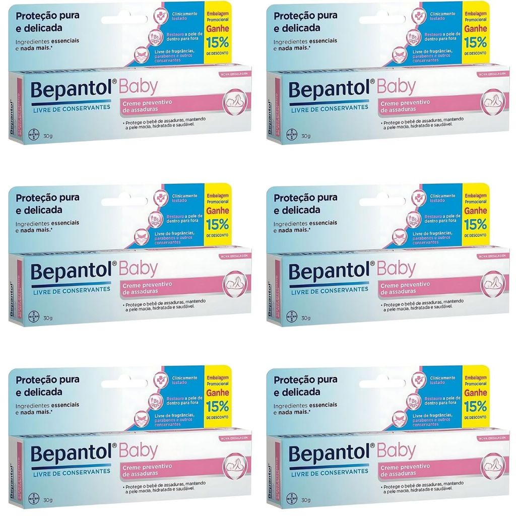 Kit 6 Pomada Assadura Bebê Bepantol Baby 30g Creme Antiassaduras Transparente