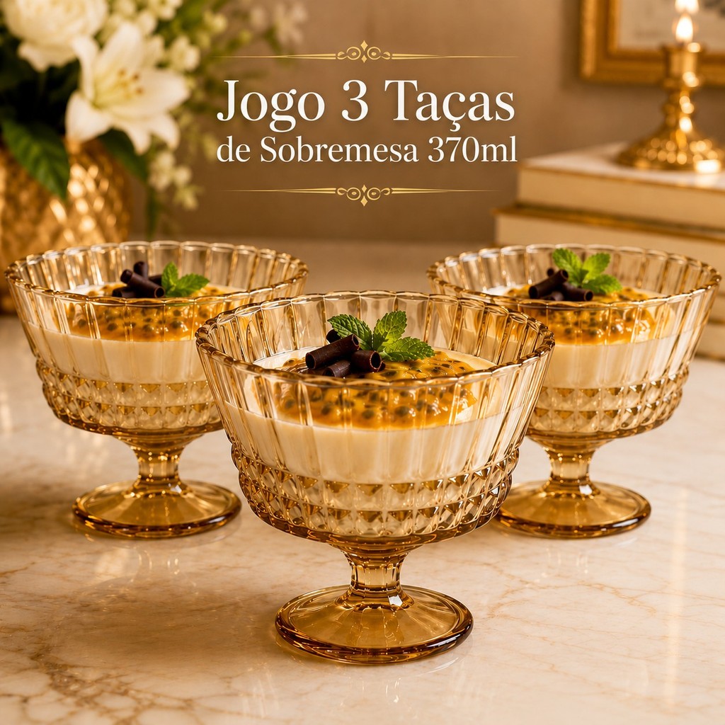 Jogo 3 Taças de Sobremesa 370ml Vidro Brescia Para Sorvete Doces