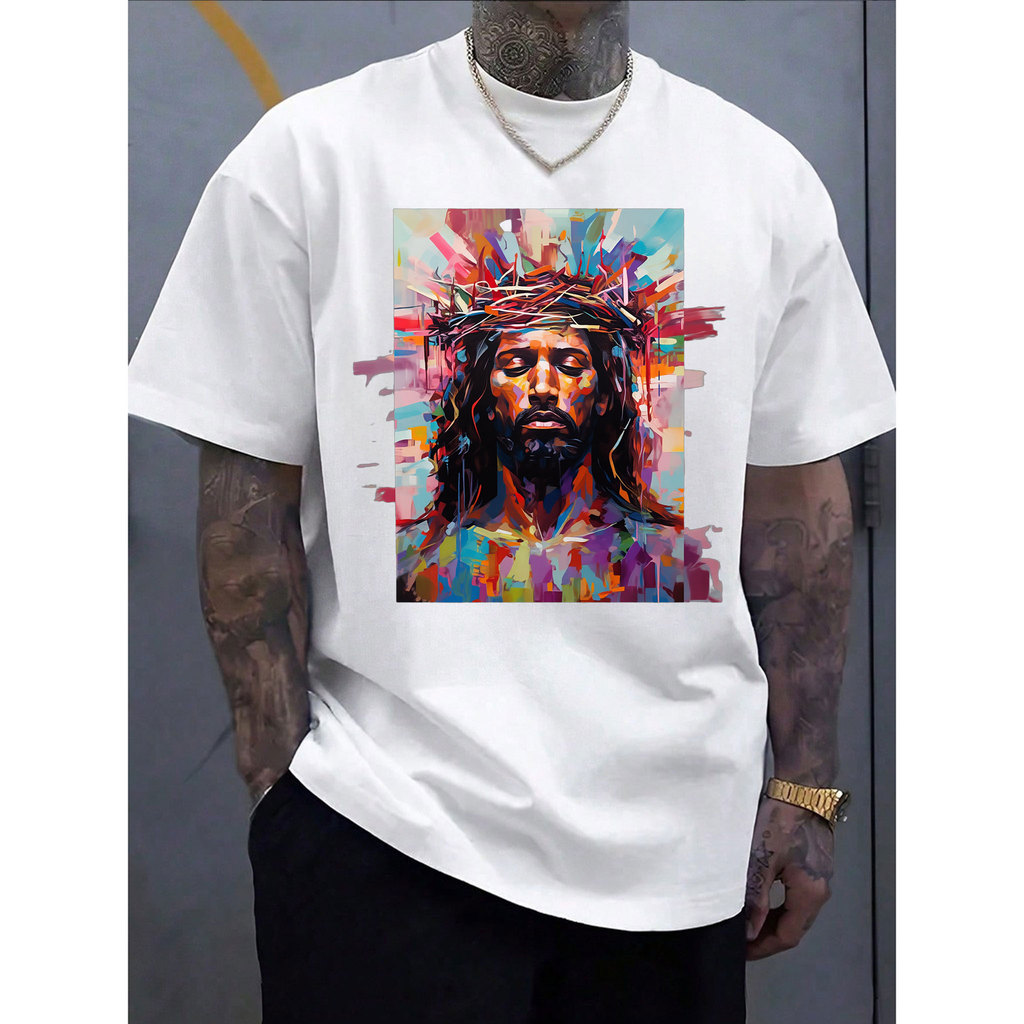 [Camiseta Premium em Algodão Puro]CC Oversized Camiseta Masculina Estilo Religioso, Estampa de Jesus, Moda Streetwear