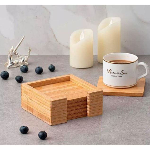 Porta Copos com Suporte Quadrado de Madeira Bambu 6 Peças Ecokitchen Bolacha Para Copo