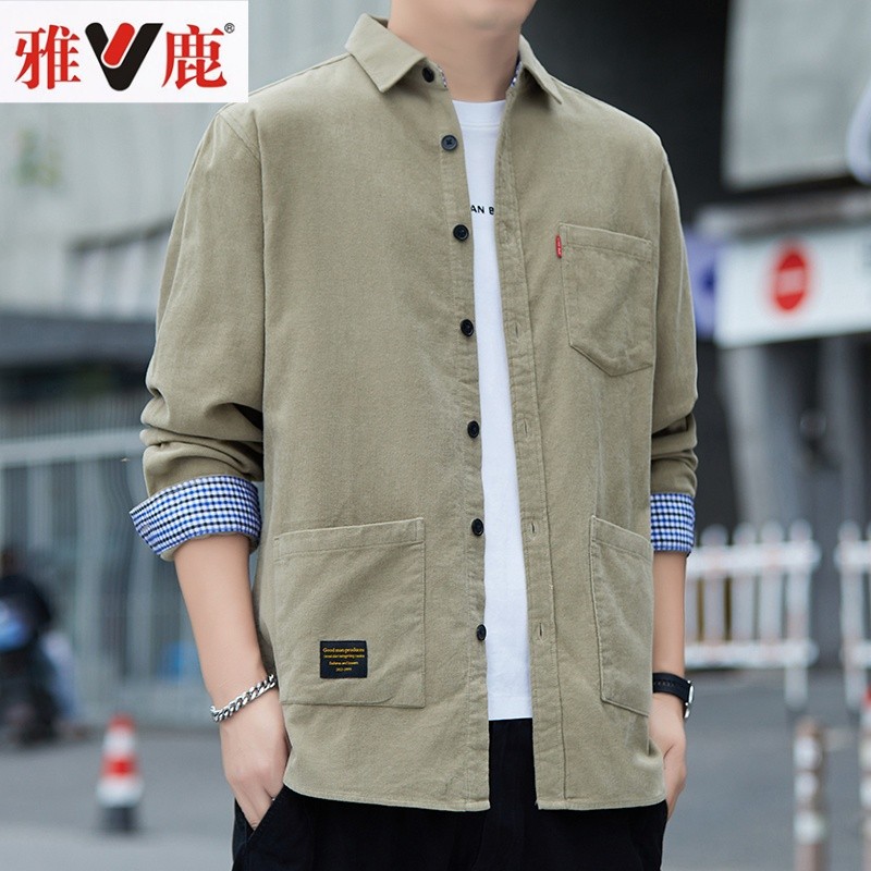 Yalu Camisa masculina de veludo de algodão puro de manga comprida estilo empresarial camisa Casual de lapela primavera o