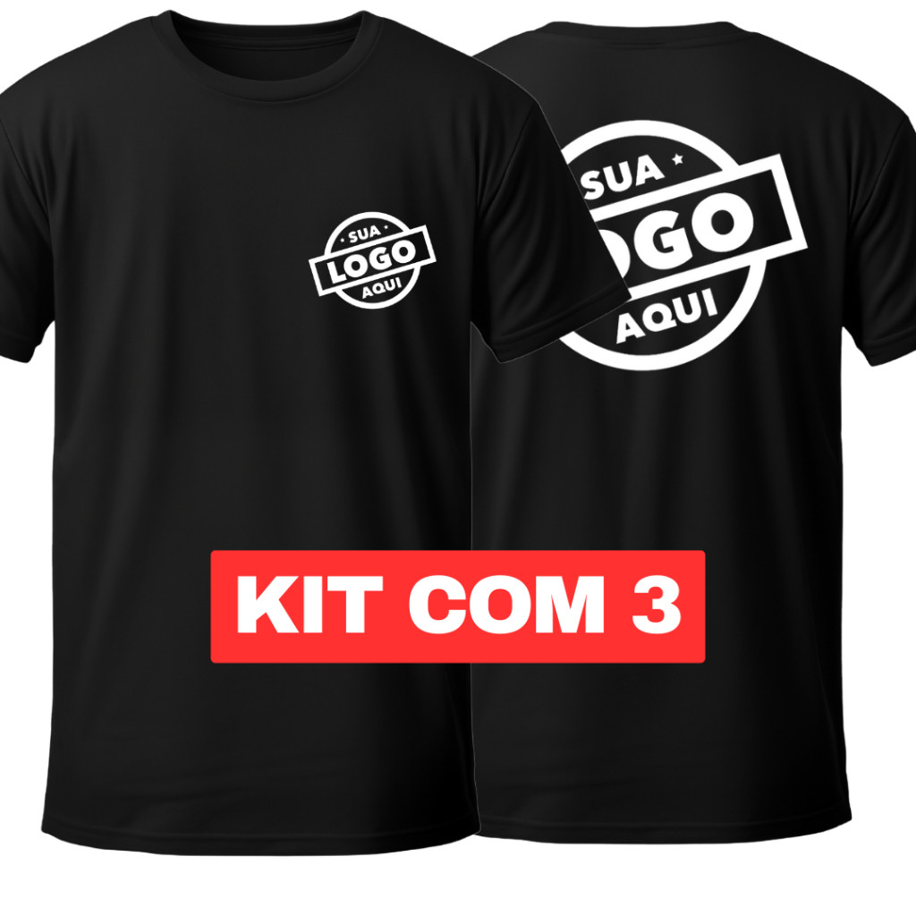 Kit 3 Camisetas Personalizadas Pretas Logo Marca Empresa Uniforme Estampa DTF Envio Algodão