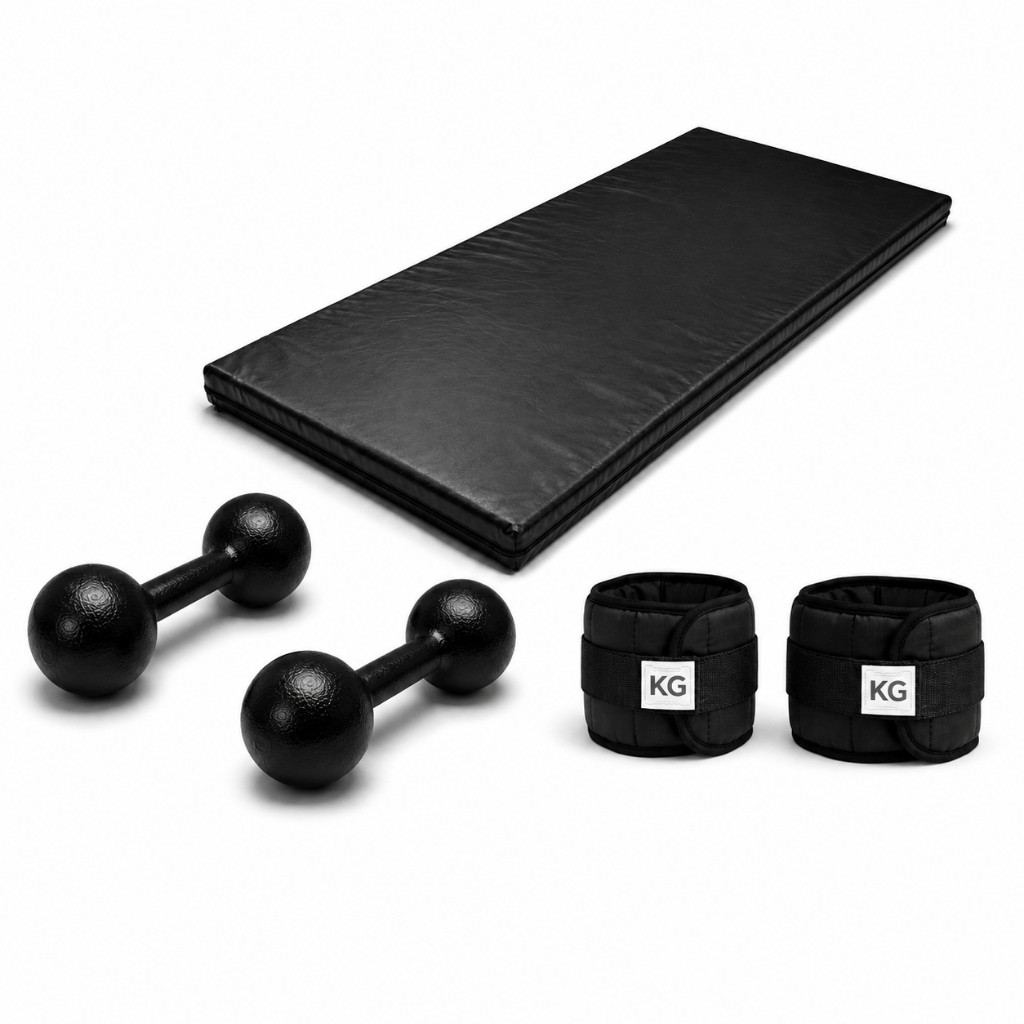 -Promo KIT FITNESS COMPLETO COLCHONETE PRETO + PAR 4KG HALTER BOLA + PAR 4KG CANELEIRA PRETO |TREINO EM CASA OU ACADEMIA