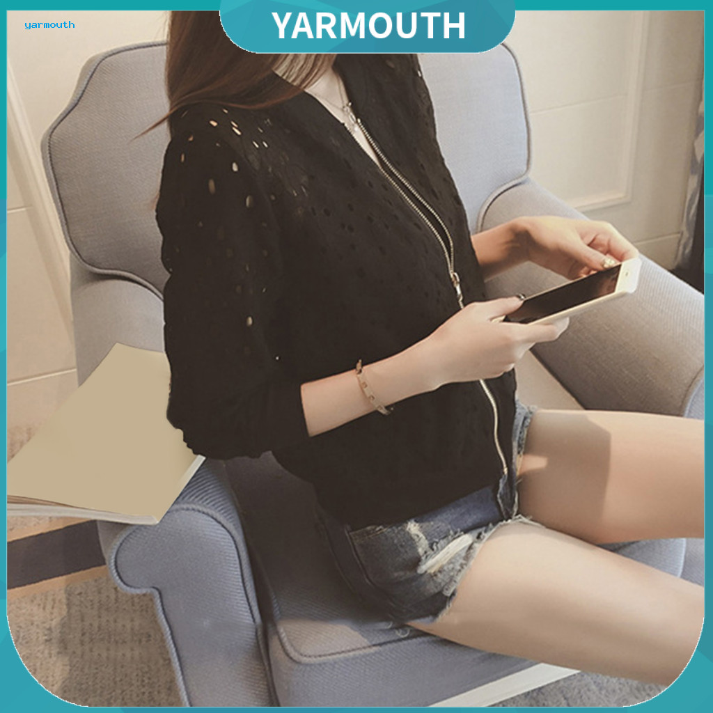 Women Short Jacket Coat Women’s Sheer Thin Lace Baseball Stand Collar Zip-up Hollow Out Long Sleeve Lightweight Stylis