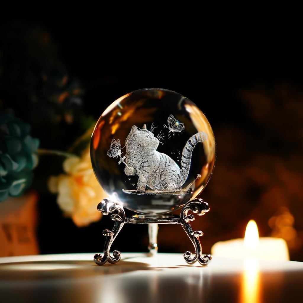 Bola de Cristal 3D Decorativa de Gato para Casa, Gato Gravado a Laser em Vidro com Borboletas, Bola Peso-Papel com Supor