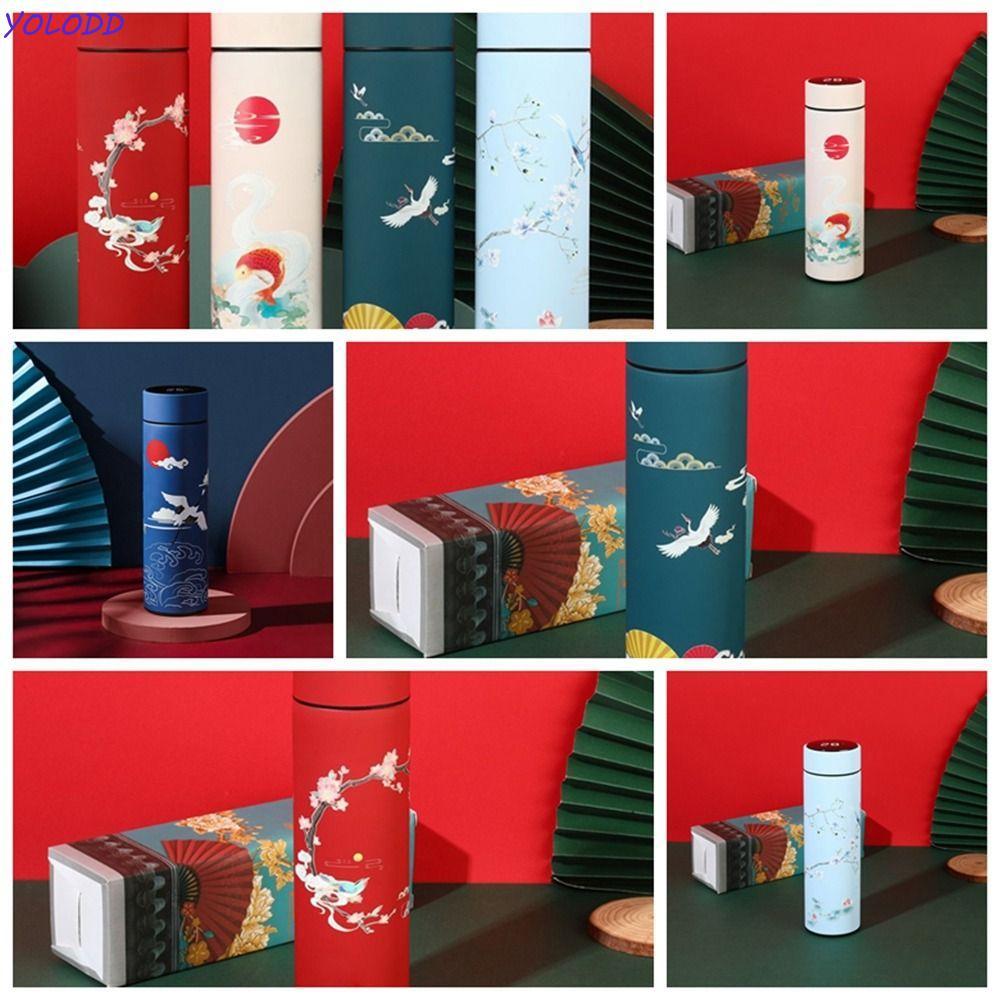 YOLODD Copo Térmico Criativo Acampamento Aço Inoxidável Estilo Chinês Com Tampa Temperatura Display LED Garrafa De Água