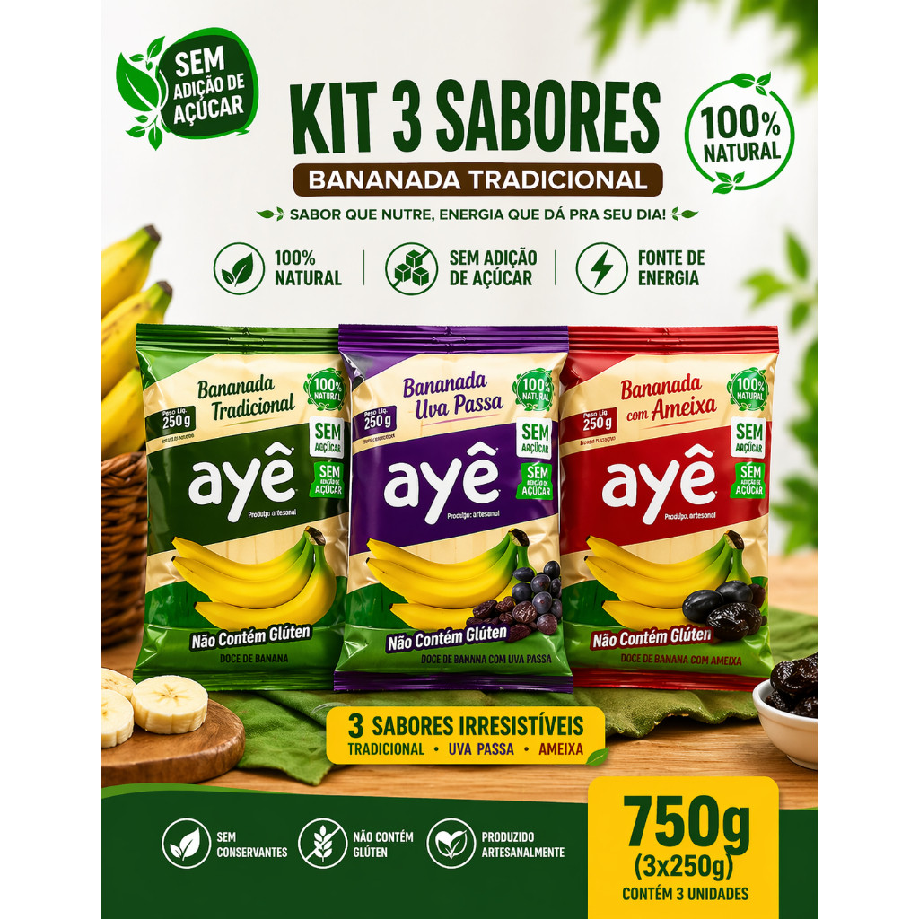 Bananinha Zero Açúcar Sem Glúten 3 Sabores  Kit 750g de Doce de Banana Fit Saudável Uva Passa Ameixa Sem Conservantes