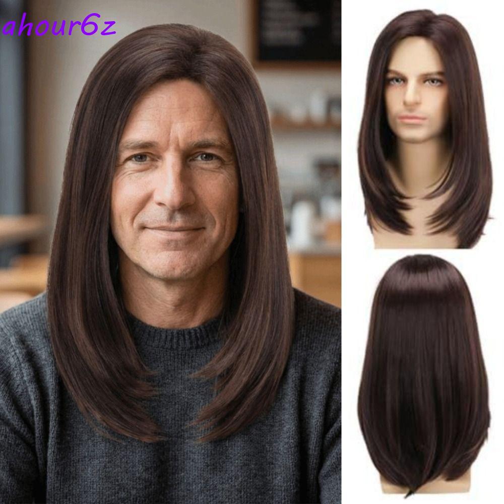 Perucas Cosplay AHOURZ Para Homens , Retas Masculinas Naturais De Comprimento Médio , Cabelo Castanho Preto Longo E Fofo