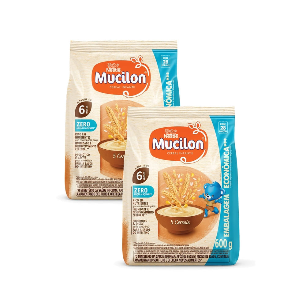 Kit 2 Mucilon Cereal Infantil 5 Cereais Zero Sachê 600g