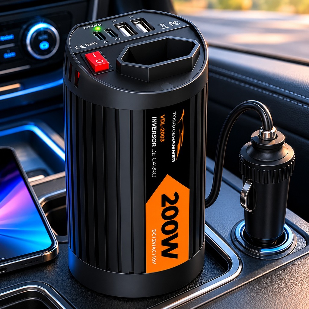 Inversor de Energia Veicular 12V para 110V 220V 200W USB Tipo C Tomada 3 Pinos VPL-3603