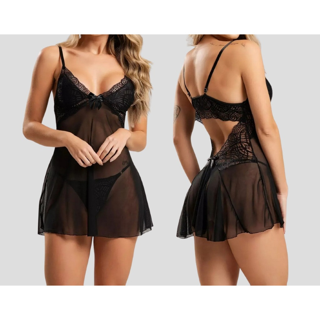 Camisola Feminina em Tule com Renda e Calcinha