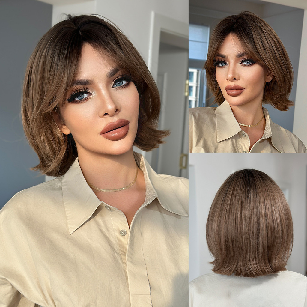 TSE peruca feminina arnês completo marrom cabelo curto em camadas fivela interna redução de idade Bob cabeça franja de a