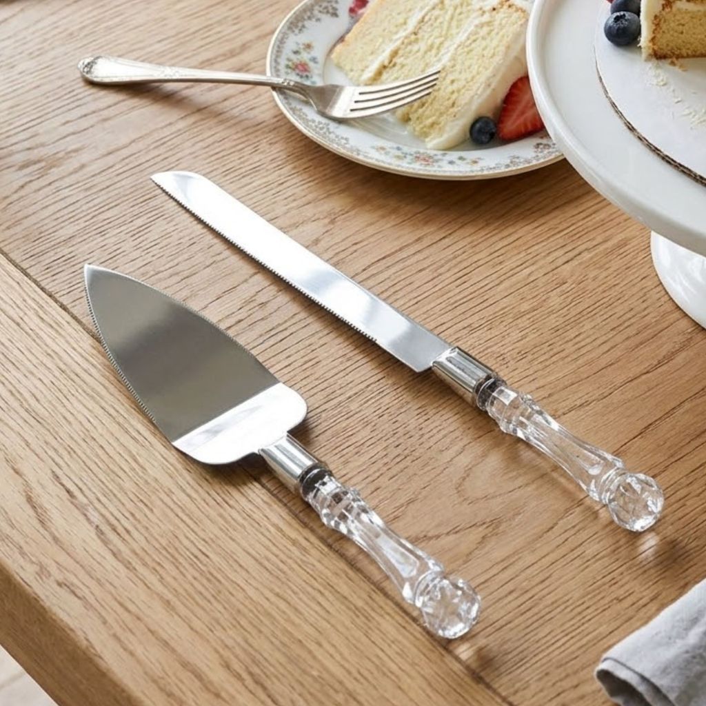Kit Faca Espátula Bolo Pães Torta Aço Inox Cabo Acrílico Para Servir Cabo Acrílico