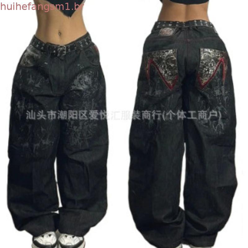 Y2K Impressão Americana Lavada Velha Casual Jeans Punk Moda Vintage Hip Hop Cintura Alta Calças Largas
