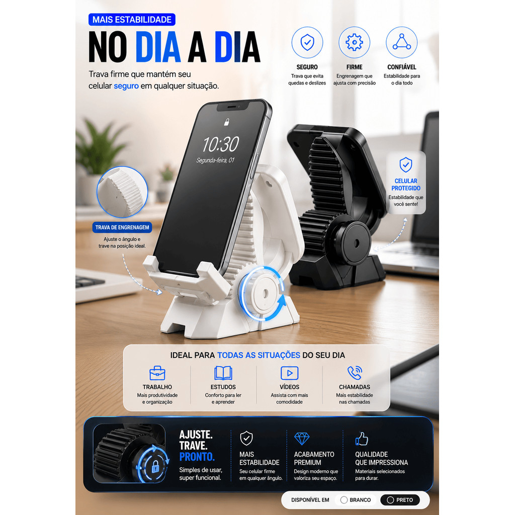 Suporte Para Celular Com Trava De Engrenagem Ajustável Articulado Mesa Smartphone Escritório