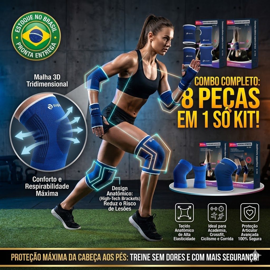 Kit Joelheira Cotoveleira Munhequeira Luva Compressao Ortopedica Supreo Academia Crossfit Malha 3D Completo 8 Peças