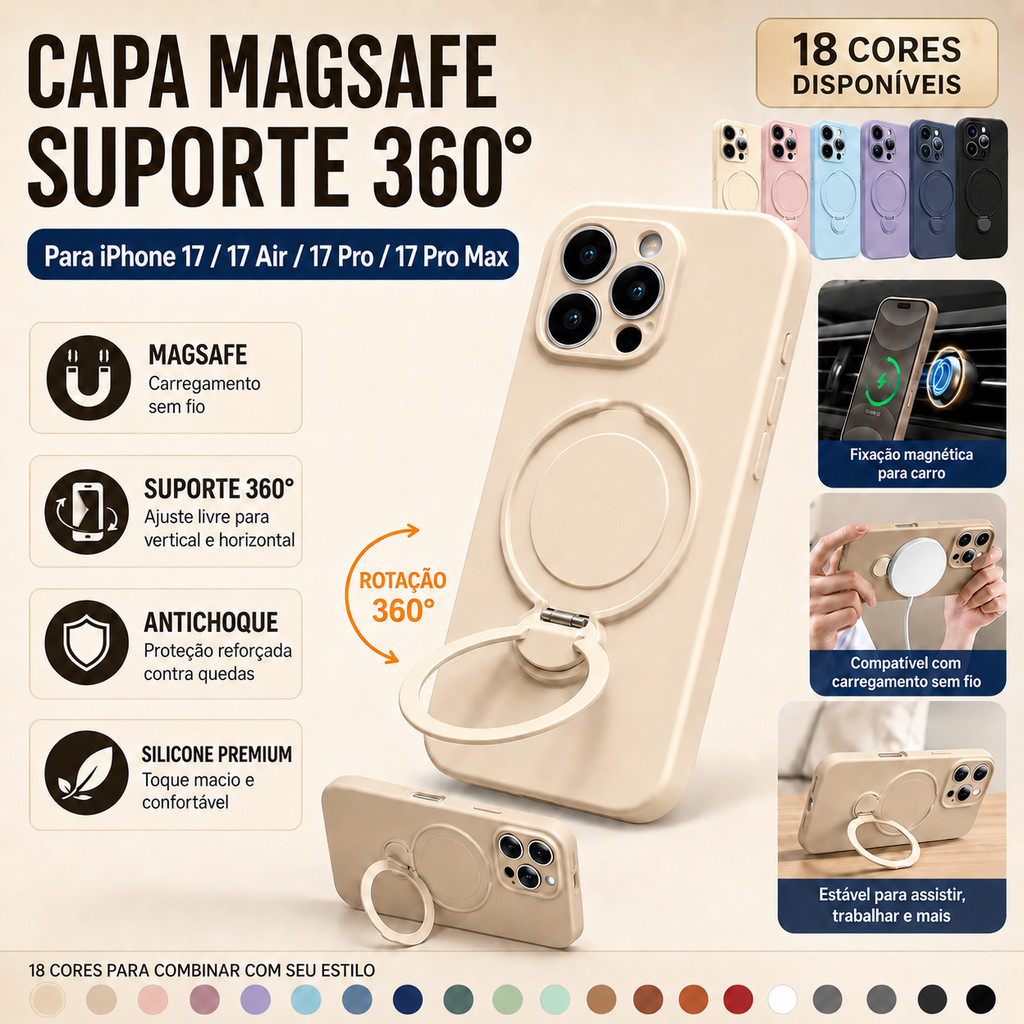 Capa MagSafe Para iPhone 17/17 PRO/17 Pro Max/17Air Silicone Com Suporte 360° Antichoque