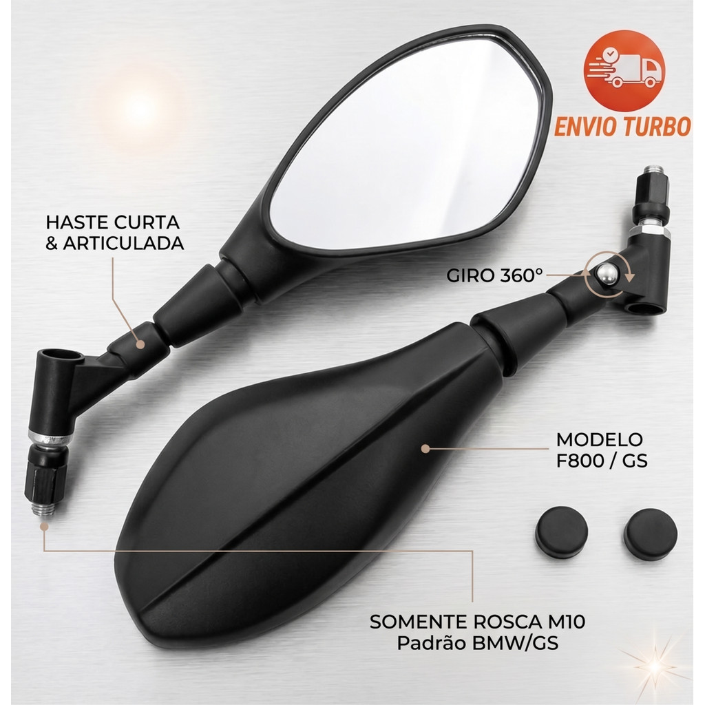 Retrovisor Moto Espelho Ampla Visão Modelo BMW F800 GS650 Haste Curta Giro Honda Yamaha Titan Fan CB